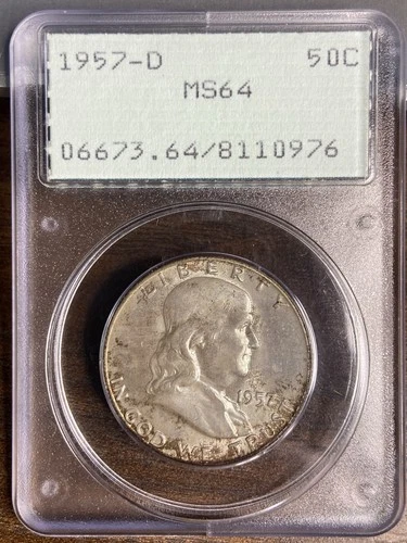 1957-D__MS 64 (Rattler)__Franklin Half Dollar__PCGS, Toned Unc Silver Coin