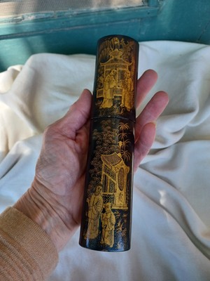 ANTIQUE JAPANESE PAPER MACHE BLACK GOLD LACQUER FIGURAL WRITING PEN FAN CASE BOX