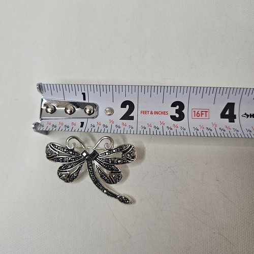 Libelle Vintage Brosche silberfarben schwarz eckig Strass unbeschriftet - Bild 10 von 10