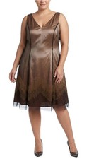 Adrianna Papell Brown Plus Size XXL Beaded Glitter V-Neck Evening Dress