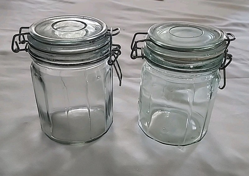 2 Vintage 5-3/4” Tall 12 Panel Glass Clear Glass Jar with Wire Bail and Gasket