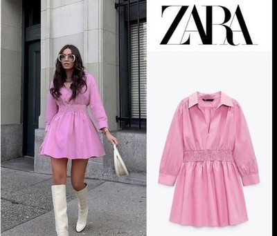 Zara Pink Smocked Collared Poplin Mini Shirt Dress 3/4 Sleeve Size M | eBay