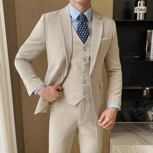 Men's Suit Plain Three Piece Jacket Trousers Vest Multiple Colors Wedding Party - Picture 6 of 14