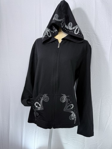 Vintage Cotton Y2K Black Women’s Rhinestone Embroidered Hooded Jacket Size XL - Picture 13 of 16