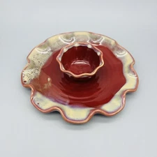 Tumbleweed Art Pottery Dip Chip Bowl Veggie Tray Red Glaze Scalloped Edge 