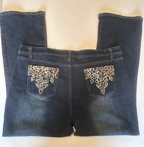 No Fuze Bootcut Jeans Plus Size 22 Womens Medium Wash Blue Leopard Print Bling - Picture 4 of 7