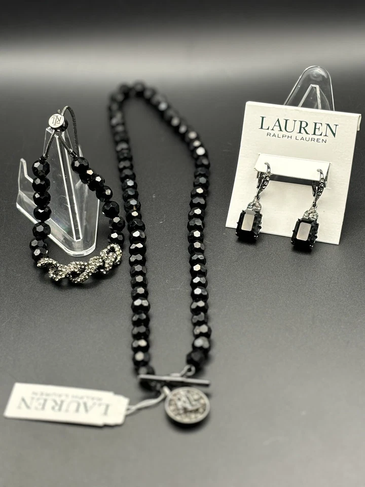 Ralph Lauren Negro Monograma Cristales Colgante Collar, Brazalete, Pendientes Foto 4 de 4