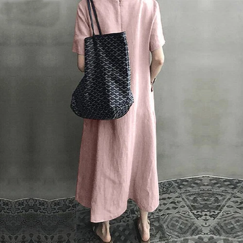 Womens Cotton Linen Short Sleeve Maxi Dress Casual Baggy V Neck Ladies Sundress - Picture 6 of 23