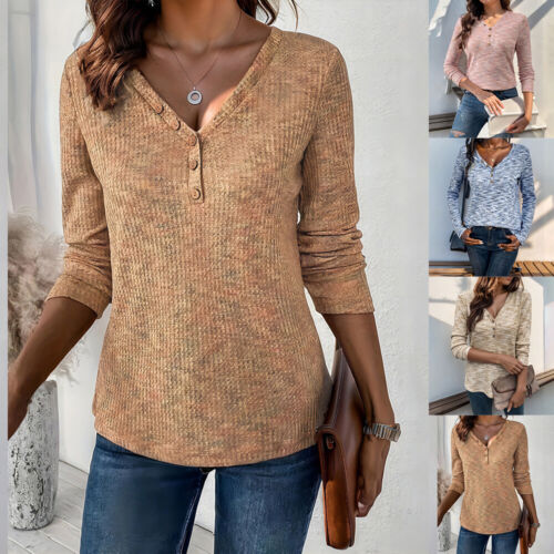 Womens Ssolid V-Neck Casual Long Sleeve T-shirt Ladies Winter Button Blouse Tops
