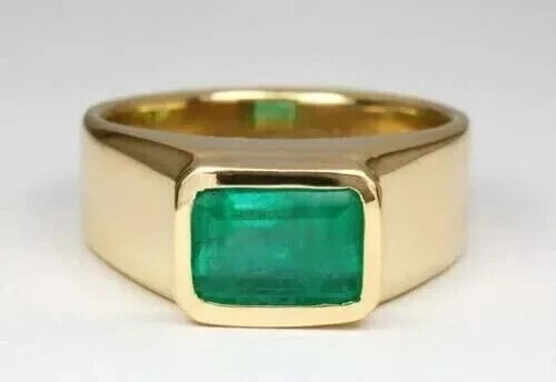 Men's 10K Yellow Gold Plated 3Ct Emerald Cut Green Bezel Engagement Ring-image