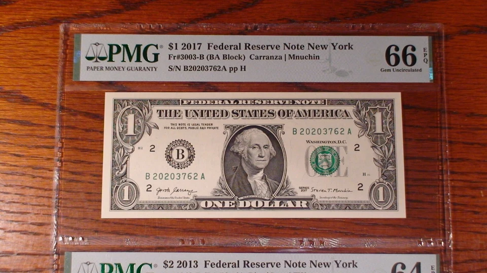 2013 & 2017 PMG CU64 GEM 66 EPQ $1.00 & $2.00 MATCHING SERIAL NUMBERS TWO NOTES! - Image 2 of 4
