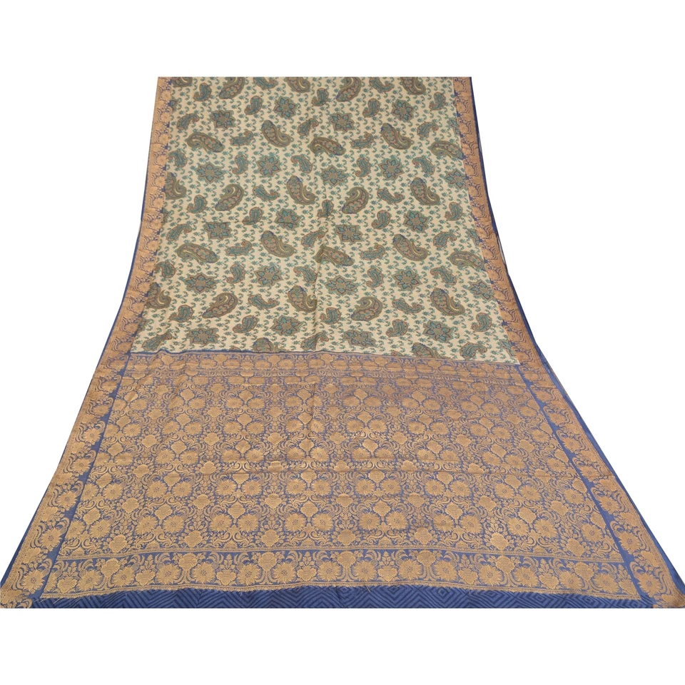 Sanskriti Vintage Beige Gold Paisley 100% Pure Silk Woven Indian Saree Fabric - Image 4 of 4