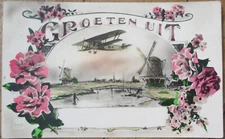 Fantasy Aviation 1932 Art Deco Postcard, Airplane Biplane, Windmill, Rppc