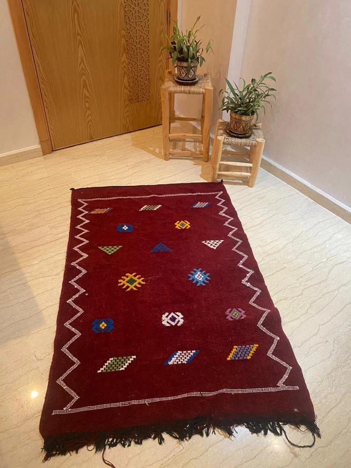 Traditional Rug . Handmade Moroccan , RED Hand-knotted Geometric Moroccan - Image 2 of 4