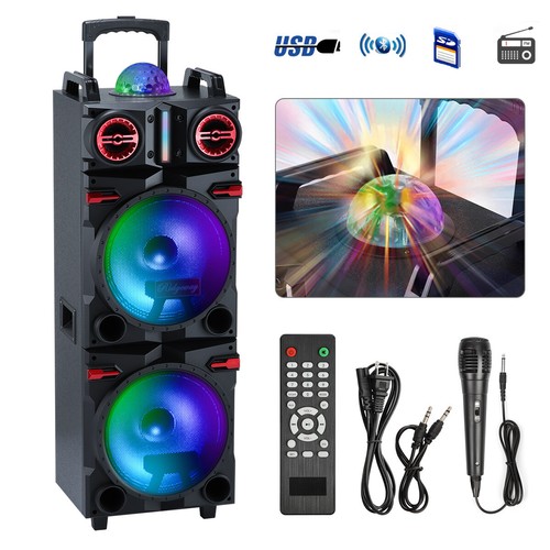 Bluetooth Speaker Trolley Recharegable Dual 10" Woofer Party FM Karaok LED AUX