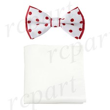 New men's pre-tied polka dot two tone bowtie white hankie set red formal party