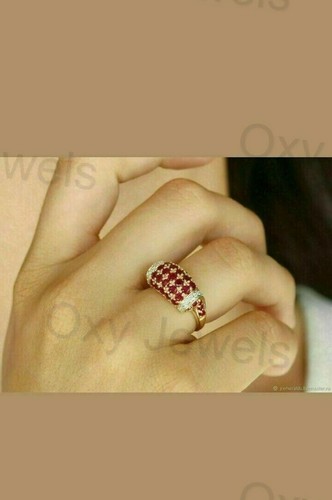 2Ct Red Ruby & Lab Created Diamond Cluster Engagement Ring 14k Yellow Gold Over - Picture 5 of 6