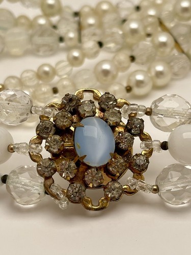 Opaline Glass Moonstone Rhinestone Pearl 3 Tier Vintage Necklace 17” - Picture 3 of 9