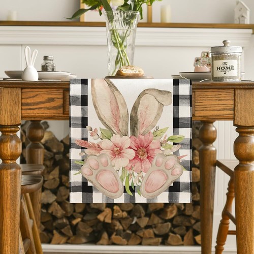 Easter Decorations Rabbit Bunny Flowers Buffalo Plaid Table Runner Gift 13"x72" - Picture 7 of 12