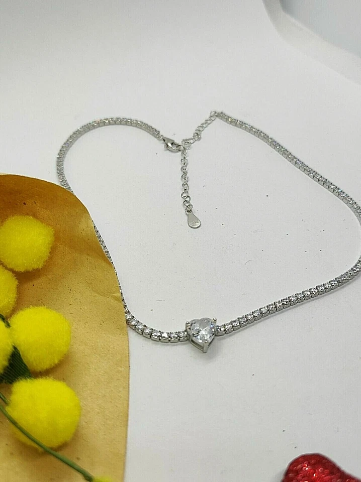 Choker collana tennis in Argento 925 zirconi bianchi e pietra BIANCA CUORE - Immagine 2 di 4