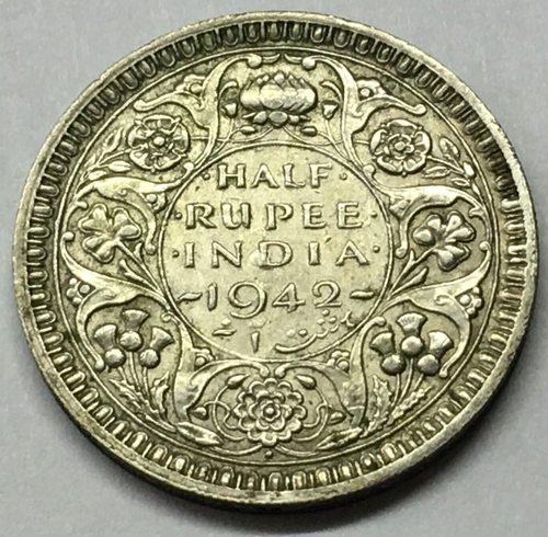 BEAUTIFUL 1942 INDIA HALF RUPEE SILVER COIN - SHIPS FREE W/TRACK