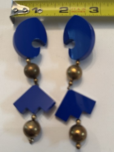 Vtg 80's/90's Statement Geometric Resin/Acrylic Clip Drop Dangle Earrings Blue - Picture 5 of 8