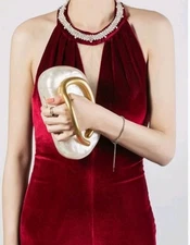 Clutch or Shoulder Purse Gold Metal Magnetic Closure Black Interior Glossy Pearl