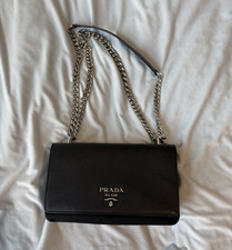 PRADA Black Saffiano Flap Chain Shoulder Bag, Magnetic Closure, Small