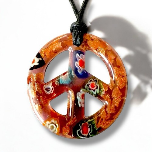Murano Glass Peace Sign Necklace Millefiori Pendant 1970s Boho Festival Vintage