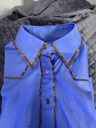 Custom Collars Boutique Blue Western Show Shirt w/ Brown Trim Snap Front LS