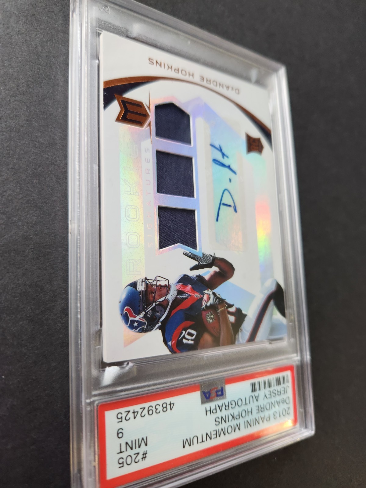 2013 Panini Momentum DeAndre Hopkins #205 Rookie Jersey Auto PSA 9 #/199 Pop 3 view 5
