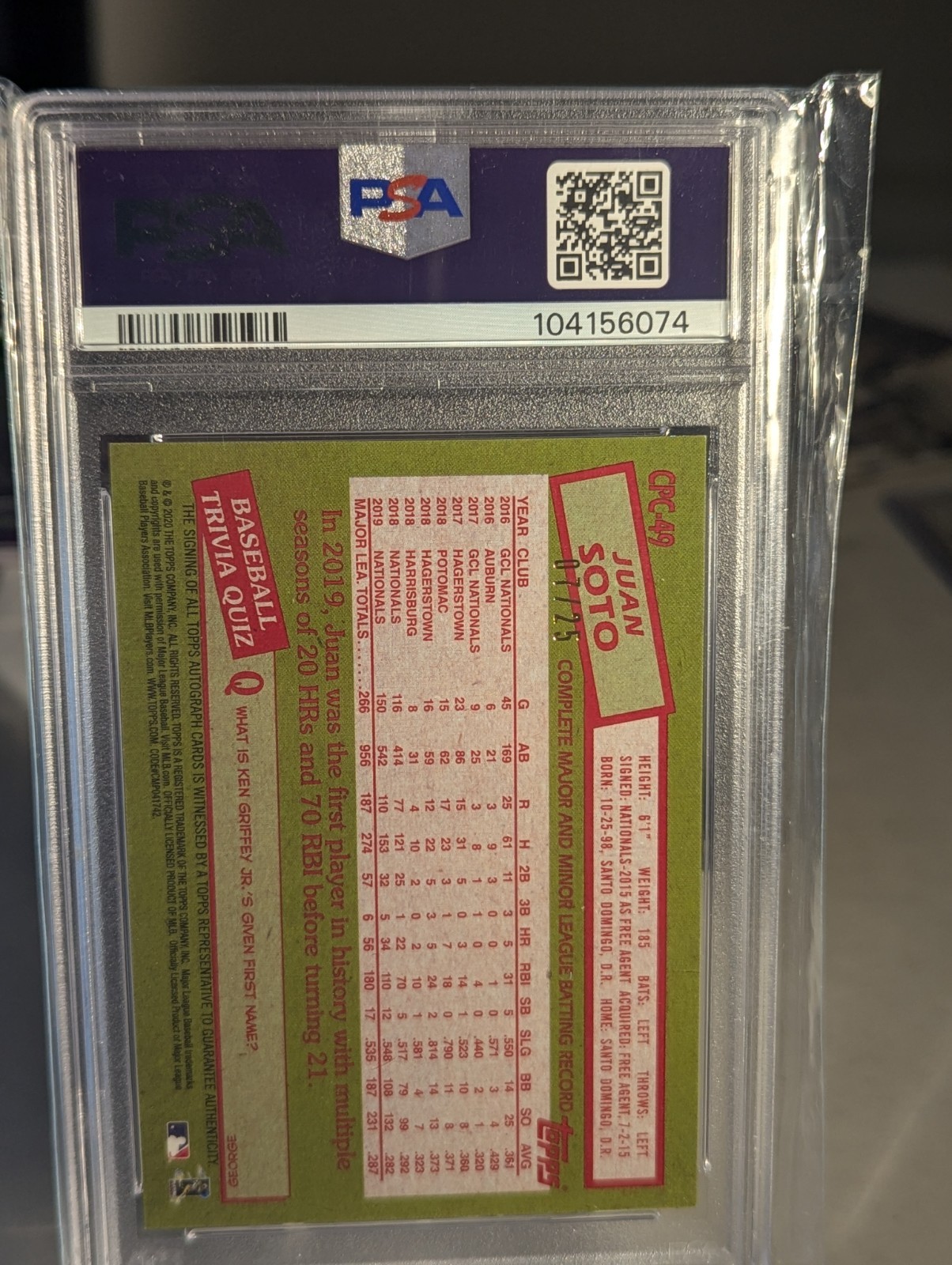 2020 Juan Soto /25 Auto Orange Refractor PSA 8 Silver Pack 1985 Throwback CPC49 view 6
