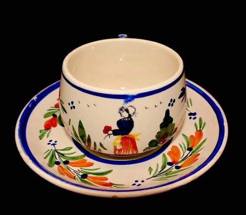 1920s HR Quimper France Mistral Blue Hand Painted Breton Folk Lady Cup+Saucer #2 - Picture 6 of 16