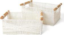 Wicker Storage Baskets for Organizing, Recyclable Paper Rope Basket with Wood Ha