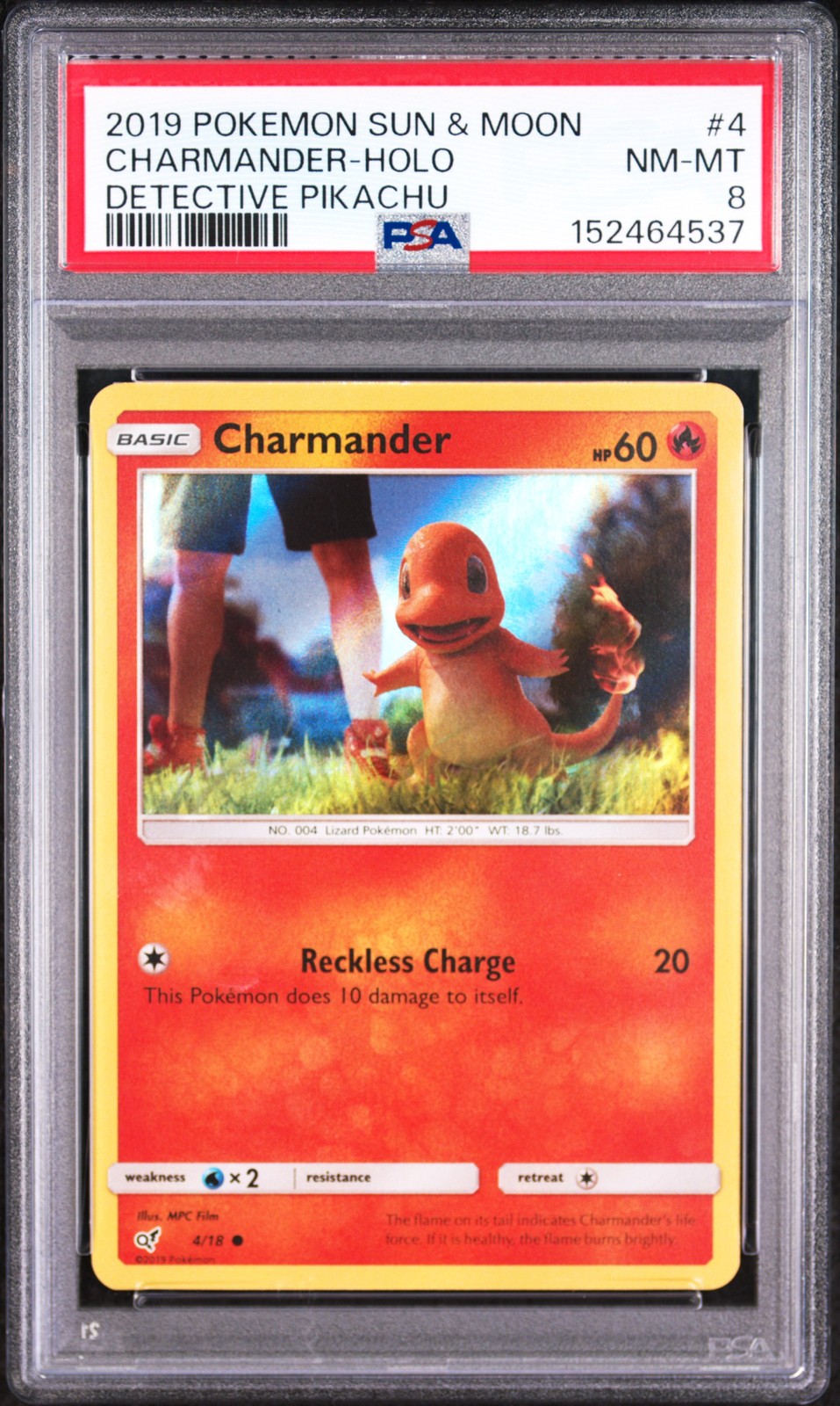 2019 POKEMON SUN & MOON DETECTIVE PIKACHU #4 CHARMANDER-HOLO PSA 8