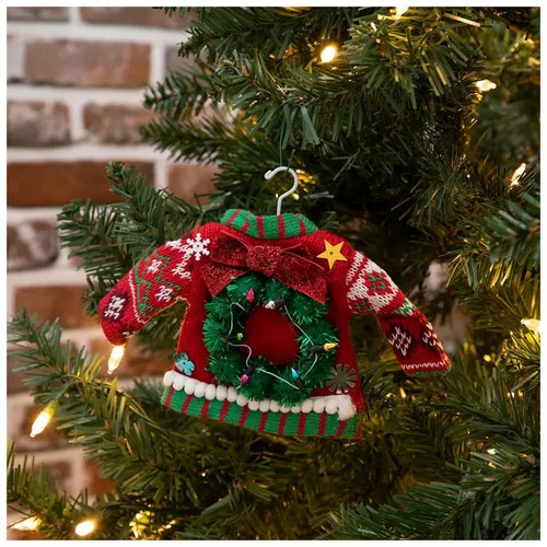1 Ugly Sweater Christmas Ornament w/hanger, Red w/wreath 6" Tall, NWT - Picture 2 of 2