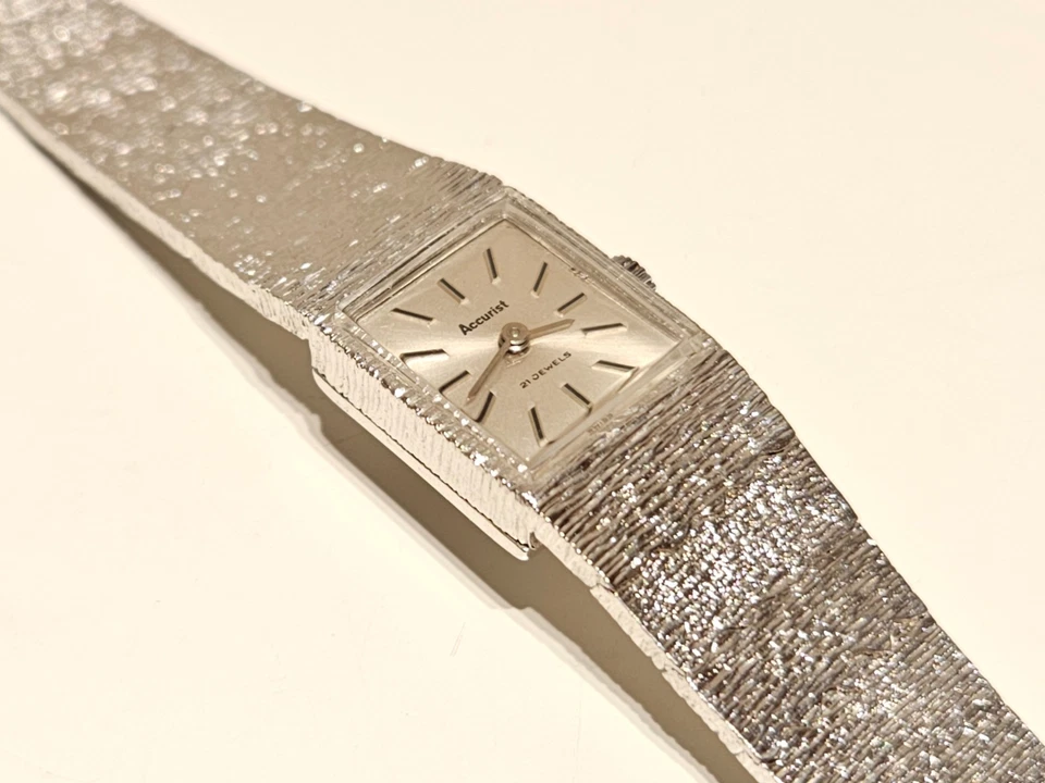 RELOJ MECÁNICO VINTAGE RARO SUIZO CHAPADO EN ORO BLANCO DAMAS PULSERA "ACCURISTA" Foto 4 de 4