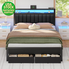 Queen Bed Frame LED Lights Charging Station Upholstered Platform w/ Storage