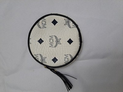 MCM Visetos Authentic Leather Zippered Coin Purse Round Mini 4'' White Black Blue