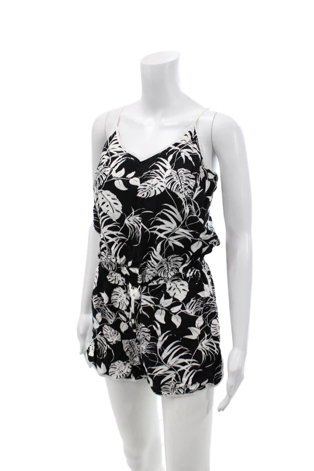 Mameluco floral Vince Camuto para mujer con correa de espagueti cuello en V negro blanco talla XS Foto 2 de 4