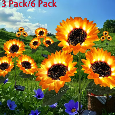 3-Lights Sunflower Outdoor Solar Garden Stake Lights Waterproof Yard Light Decor