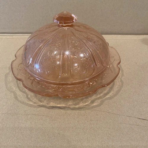Jeannette Pink Depression Glass Cherry Blossom COVERED BUTTER DISH - Vintage