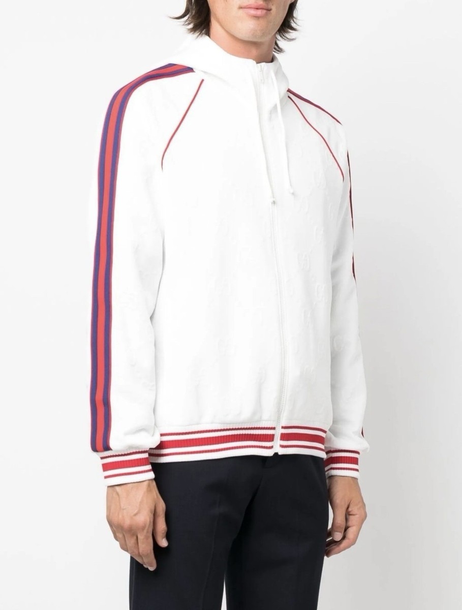 Gucci GG White Stripe Logo Embossed All-Over. Hoodie Jacket. Size