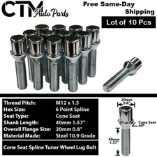 10 Chrome 12x1.5 Spline Tuner Lug Bolt 40mm Shank Fit Mercedes Aftermarket Wheel