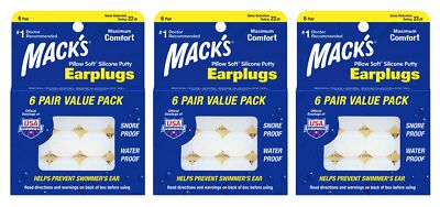 Mack's Kissen weich formbar Silikon Kitt Ohrstöpsel 6 Paar x 3 (18 Paar)