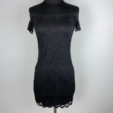Ambiance Off The Shoulder Lace Dress Womens S Black Floral Mini Bodycon Clubwear
