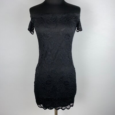 Ambiance Off The Shoulder Lace Dress Womens S Black Floral Mini Bodycon  Clubwear | eBay