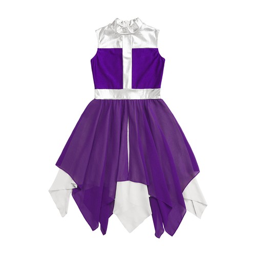 Kids Girls Praise Dance Dress Asymmetrical Chiffon Skirt Ballroom Costume - Picture 37 of 55