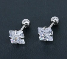 Surgical Steel Silver Square Screw Back Stud Earrings Cubic Zircon Men Women 2PC