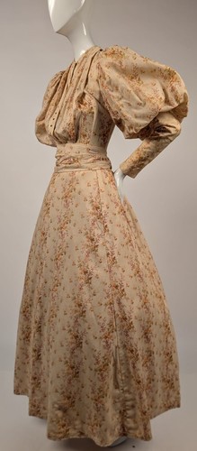 EARLY EDWARDIAN 3 PC CREAM WOOL FLORAL DRESS W PUFF SLEEVES + CORSET LACING - Picture 3 of 10